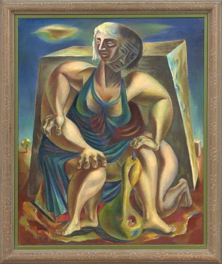 Charles Malcolm Campbell (American, 1905-1985): Charles Malcolm Campbell (American, 1905-1985) "Conflict", oil on canvas,initialed and dated lower left "CC '44", titled on the reverse inventory label, 32" x 26". Presented in a carved hardwood frame
