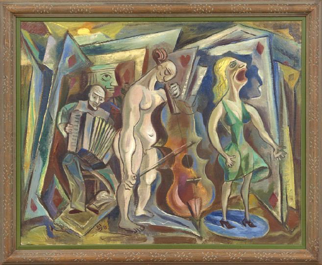 Charles Malcolm Campbell (American, 1905-1985): Charles Malcolm Campbell (American, 1905-1985) "Time of Our Lives", oil on canvas, initialed and dated lower left 'CC '45", titled on the reverse artist inventory label, 28" x 36". Presented in a carv