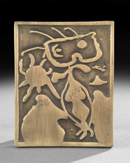 After Joan Miro (Spanish, 1893-1983): After Joan Miro (Spanish, 1893-1983) a cast bronze plaque after an image by Joan Miro, reverse incised 'XX Siecle No 4-1938" and with the star insignia and replica of the signature, 4-3/8" x 3-3/8".