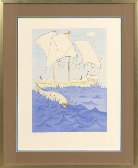Salvador Dali (Spanish, 1904-1989): Salvador Dali (Spanish, 1904-1989) "Zebulum" color etching from the 'Twelve Tribes of Israel", pencil signed lower right, noted in pencil lower left "E.A.", sight 24" x 19". Glazed, attractively-matte