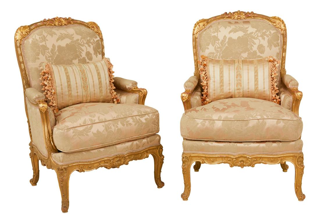 Pair of Louis XV-Style Giltwood Bergeres: Pair of Louis XV-Style Giltwood Bergeres early 20th century, the padded backs with shell-carved shoulders and a central crest, raised on cabriole legs ending in scrolled toes. h. 44", w. 29", d. 29" P