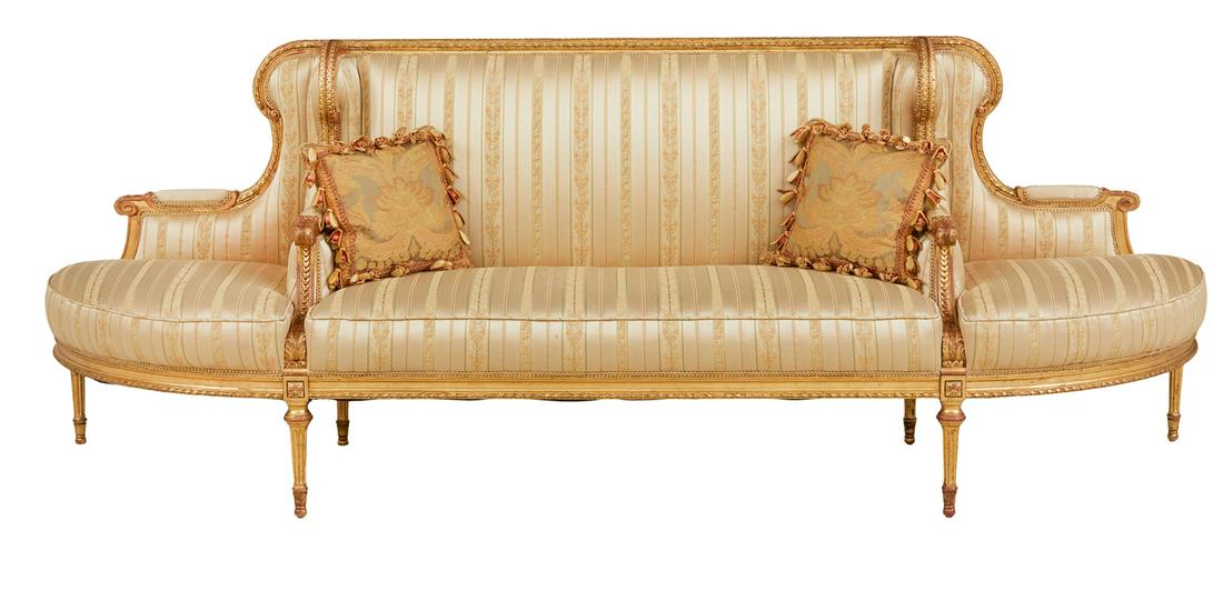 Louis XVI-Style Giltwood Courting Settee: Louis XVI-Style Giltwood Courting Settee early 20th century, the trisected seat within a molded, rope-carved frame, the center section with a padded back and seat, separated by shaped sides, padded ar
