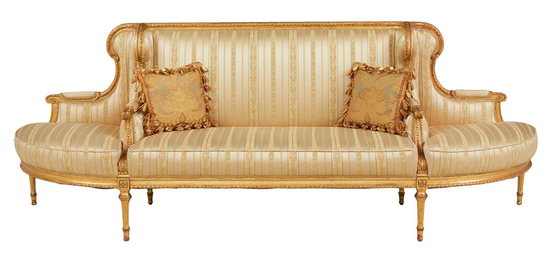 Louis XVI-Style Giltwood Courting Settee: Louis XVI-Style Giltwood Courting Settee early 20th century, the trisected seat within a molded, rope-carved frame, the center section with a padded back and seat, separated by shaped sides, padded ar