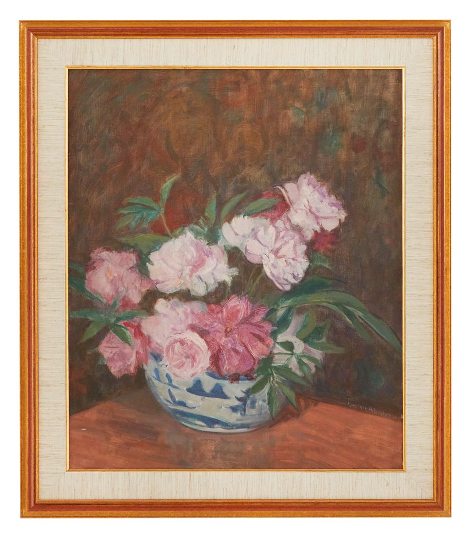 Lucien Abrams (American, 1870-1941): Lucien Abrams (American, 1870-1941) "Still Life of Peonies in a Cantonese Bowl " oil on canvas signed mid right. Framed. 30" x 25", framed 37" x 32" Provenance: Private collection, Palm Desert, Califo