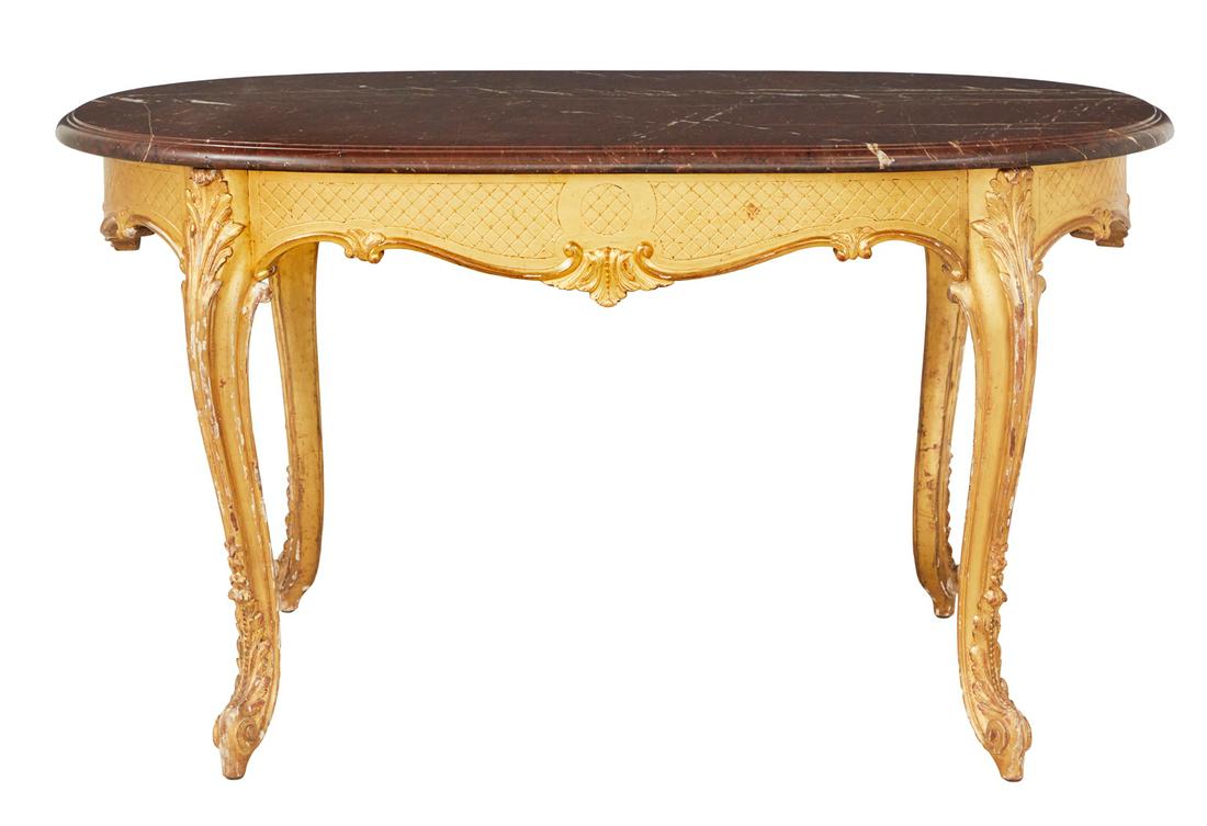 Louis XV-Style Giltwood and Marble-Top Table: Louis XV-Style Giltwood and Marble-Top Table early 20th century, the thick, oval rouge griotte marble top with beveled edges, over aprons with incised diamond cross-hatching and raised on cabriole leg
