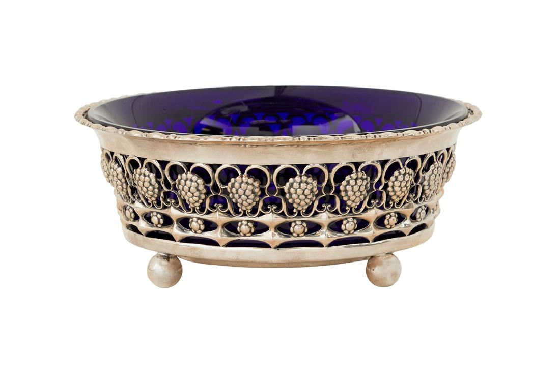 German Silver and Cobalt Glass Fruit Bowl (1 of 3)