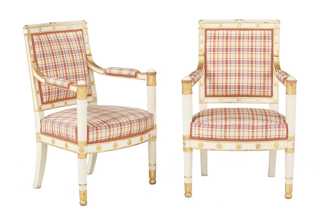 Pair of Empire Parcel-Gilt Fauteuils: Pair of Empire Blanc-Peinte and Parcel-Gilt Fauteuils ca. 1805, both stamped "H. Jacob" and "JME", the rectangular backs and seats within gilt flower-head-carved surrounds, the columnar arm supports a