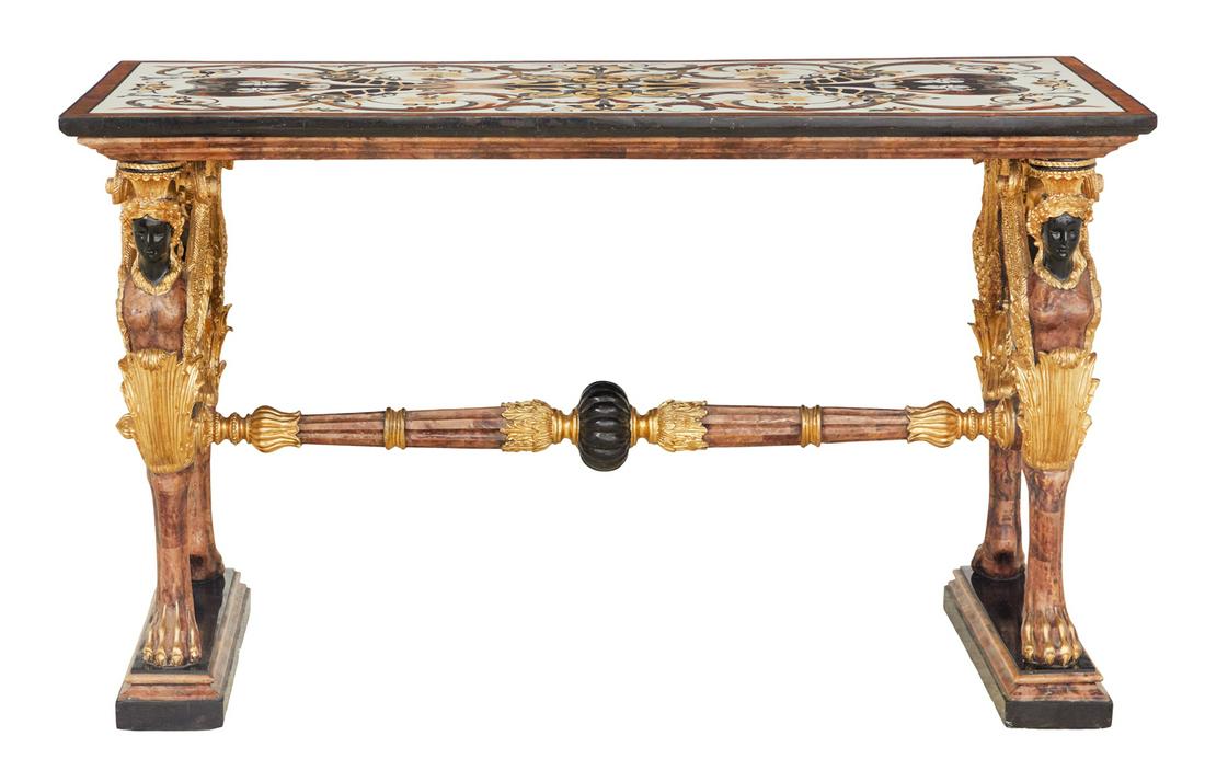 Pietra Dura and Parcel-Gilt Center Table: Classical Revival Pietra Dura and Parcel-Gilt Center Table the rectilinear top inlaid with a variety of marble in scroll and geometric patterns, above a pair of pedestals, each modeled as paired Neo-G