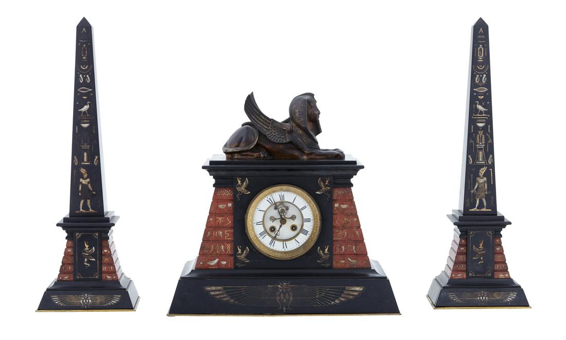 French Egyptian Revival Three-Piece Clock Set (1 of 14)