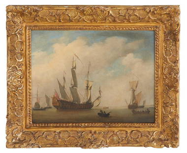 Willem van de Velde the Younger and Studio: Willem van de Velde the Younger and Studio (Dutch/British, 1633-1707) "An English Two-Decker Under Sail in Light Airs", ca. 1685 oil on canvas unsigned, numerous old sale/inventory labels and stencils