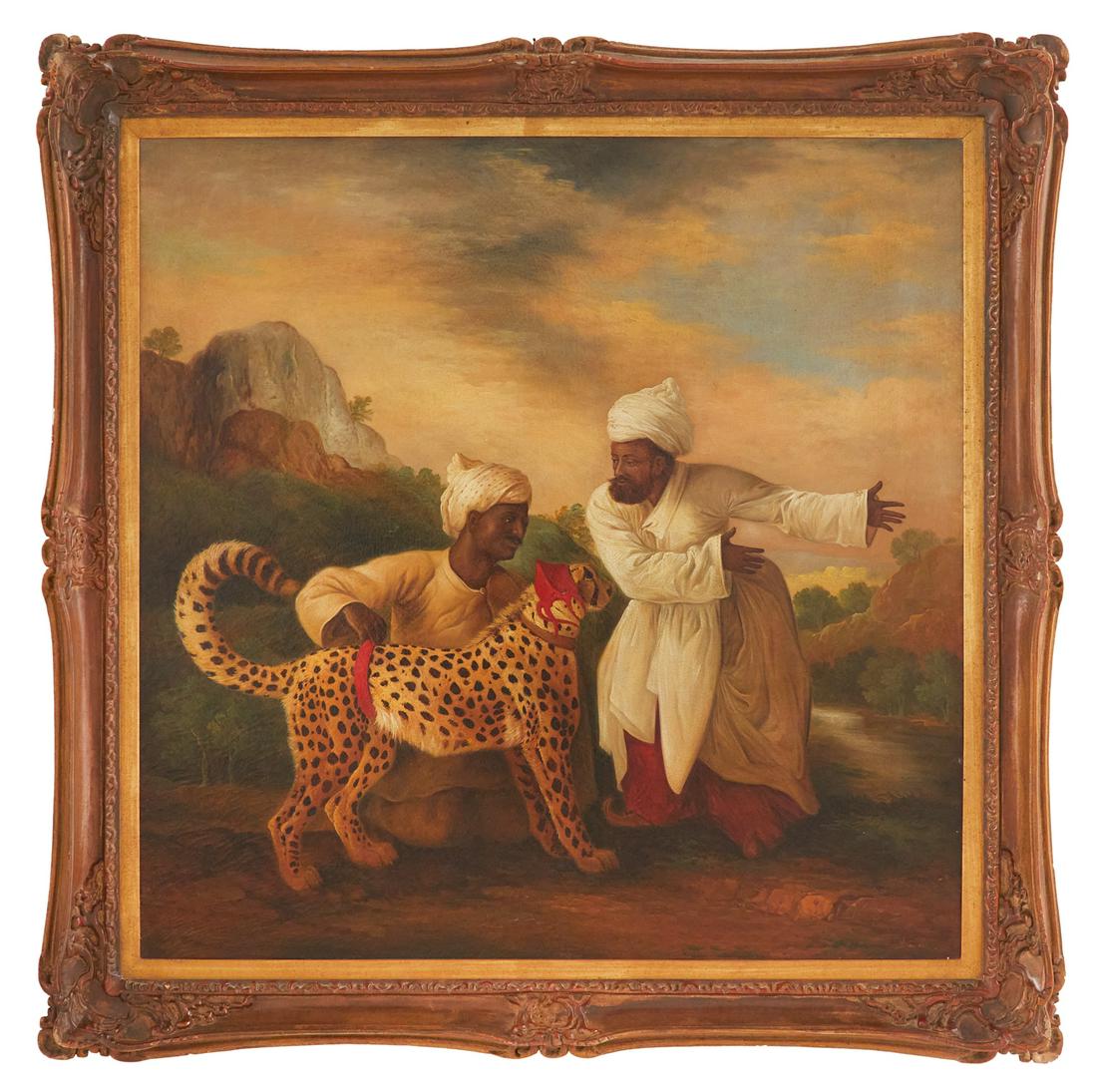 After George Stubbs (British, 1724-1806): After George Stubbs (British, 1724-1806) "A Cheetah with Two Indian Servants" oil on canvas signed lower left "Bianchi". Framed. 36" x 36", framed 48" x 48"