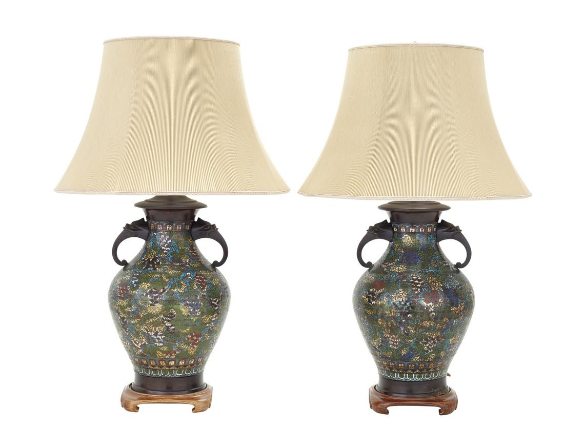 Pair of Chinese Champleve Enamel Bronze Lamps (1 of 2)