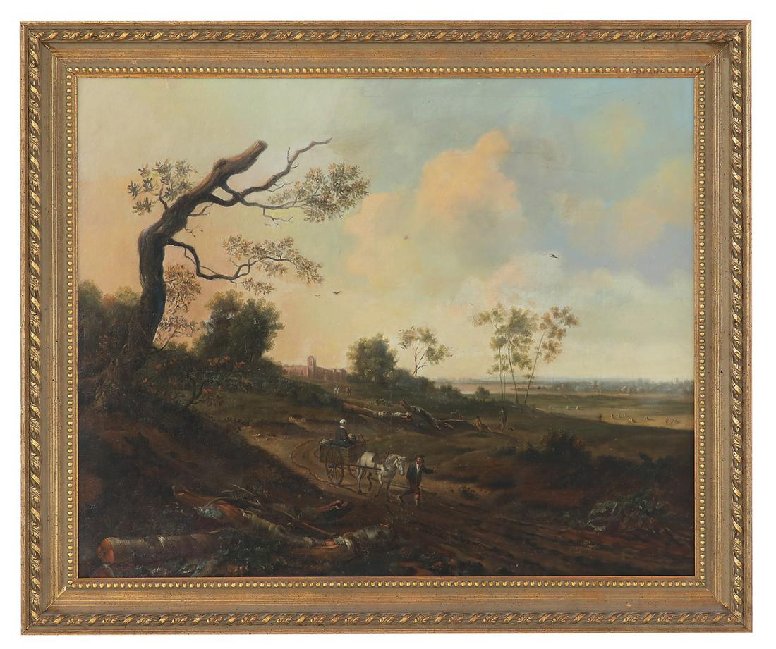 Circle of Jan Wijnants (Dutch, ca. 1625-1684): Circle of Jan Wijnants (Dutch, ca. 1625-1684) "Landscape with Travelers" oil on canvas unsigned. Framed. 25-1/4" x 31", framed 30" x 36" Provenance: Private collection, New Orleans, Louisiana.