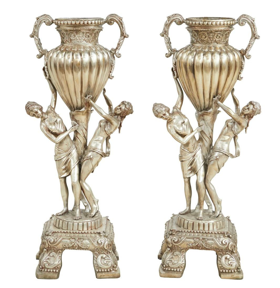 Pair of Large Silvered Bronze Figural Urns (1 of 3)
