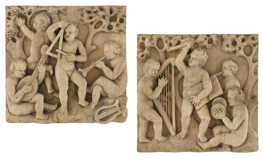 Pair of  Carved Oak Panels of Putti Musicians (1 of 5)