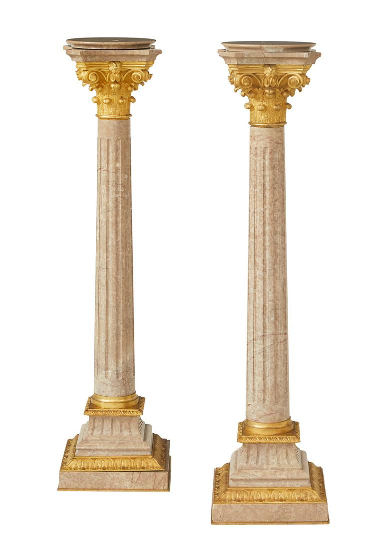 Pair of French Gilt-Bronze and Marble Pedestals: Pair of French Belle Epoque Gilt-Bronze and Marble Pedestals fourth quarter 19th century, set with Corinthian capitals over fluted standards, the stepped bases with gilt-bronze trim and ogee gilt-bron