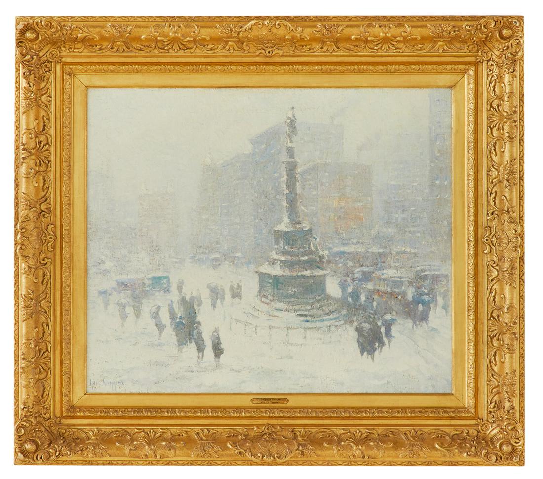 Guy Carleton Wiggins (American, 1883-1962): Guy Carleton Wiggins, N.A. (American, 1883-1962) "Columbus Circle, New York", ca. 1915-1920 oil on canvas signed lower left, verso affixed with "Godel & Co. Fine Art, New York, New York" label. Framed