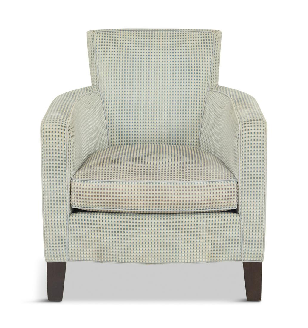 Christian Liaigre at Holly Hunt Club Chair: Christian Liaigre at Holly Hunt Club Chair in the Art Deco taste, with flared back and curved arms, the serpentine seat front below a conforming cushion, raised on tapering square wood feet, upholster
