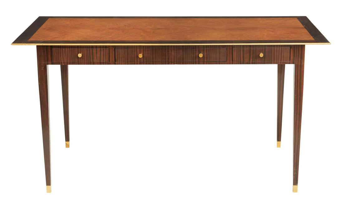Calamander and Burl Mahogany Writing Desk: Calamander and Burl Mahogany Writing Desk 20th century, the top surface rosewood-bordered burl mahogany, the outer edge brass-trimmed, the calamander base with four sueded pigskin-lined drawers and ta
