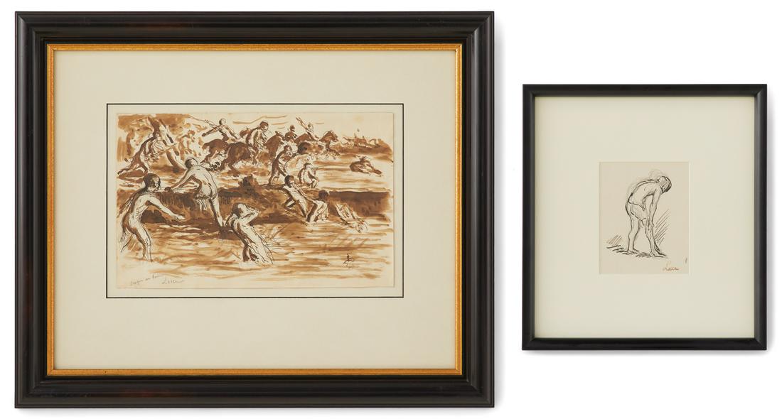 Maximilien Luce (French, 1858-1941): Maximilien Luce (French, 1858-1941) "Le Baigneur" ".... Au Bain" ink and graphite watercolor and ink former signed lower right, and latter signed and titled lower left. Each matted, glazed and framed.