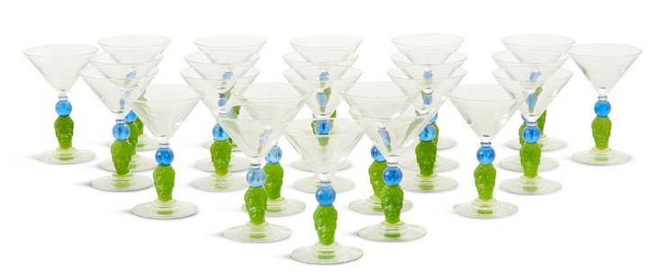 Richard Jolley (American, b. 1952): Richard Jolley (American, b. 1952) Set of 25 Martini Glasses blown and molded glass stem of opaque lime green heads topped with opalescent blue balls, each stamped at bottom. h. 6-1/2", dia. 4-1/2"