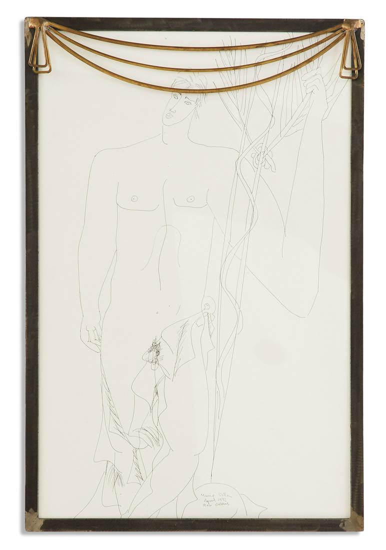 Mario Villa (Nicaraguan/Louisiana, 1953-2021): Mario Villa (Nicaraguan/Louisiana, 1953-2021) "Standing Male Nude", 1992 pen and ink signed, dated and localized "New Orleans" lower center. Glazed and artist-crafted metal frame. 37-3/4" x 24-3/4", f