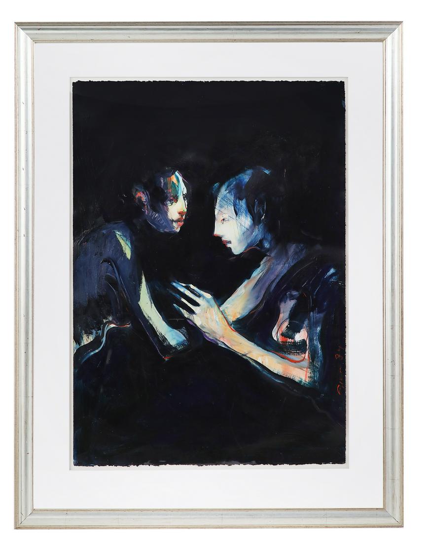 Jere Hardy Allen (American/Mississippi, b. 1944): Jere Hardy Allen (American/Mississippi, b. 1944) "Exchange", 1994 oil on paper signed along lower right edge. Float mounted, glazed and framed. 41-1/4" x 29", framed 55" x 43" Provenance: Collection o