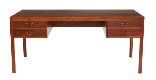 E. Larsen & A. B. Madsen for Willy Beck Desk: Unusual Ejner Larsen & Aksel Bender Madsen for Willy Beck Cuban Mahogany Desk designed in 1950s Denmark, both sides with two beaded drawers having brass bale pulls and small locking mechanisms, the le