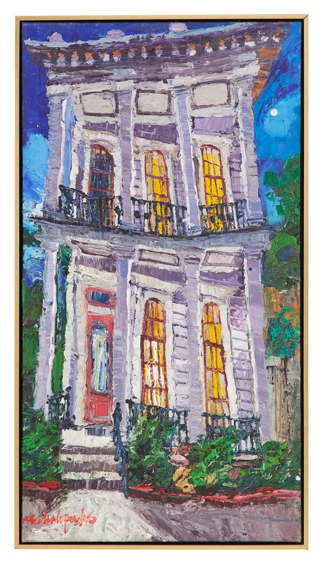 James Michalopoulos (American/Louisiana, b. 1951): James Michalopoulos (American/Louisiana, b. 1951) "New Orleans House" oil on canvas signed lower left. Framed. 39" x 21", framed 40" x 22" Provenance: Jean Bragg Gallery, New Orleans, Louisiana.