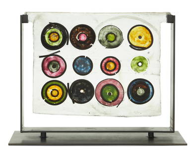 Marlene Rose (American/Florida, b. 1967): Marlene Rose (American/Florida, b. 1967) "Retro Circles" cast glass and wrought iron with an iron presentation stand. glass h. 15", w. 20", d. 1-1/2"; stand h. 17-1/2", w. 23", d. 8" Provenance: Purch