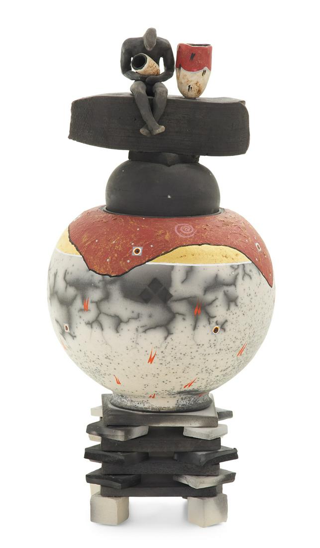 Robert Carlson (American, 20th Century): Robert Carlson (American, 20th Century) "Seated Man" raku pottery bowl with cover and stand incised signature and two artist marks at bottom of bowl. h. 16-1/2", w. 7-1/2", d. 7-1/2" Provenance: Mary