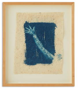 Lesley Dill (American, b. 1950): Lesley Dill (American, b. 1950) "I took my power in my hand and went against the world" blue cyanotype on paper from Emily Dickinson (American, 1830-1886), poem #540, unsigned. Glazed and framed. shee