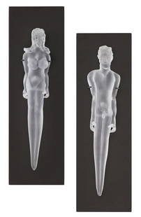 Richard Jolley (American, b. 1952): Richard Jolley (American, b. 1952) “Suspended Figure Male”, 2007 “Suspended Figure Female”, 2007 blown and hot-formed glass each set within a rectangular black shadowbox, each