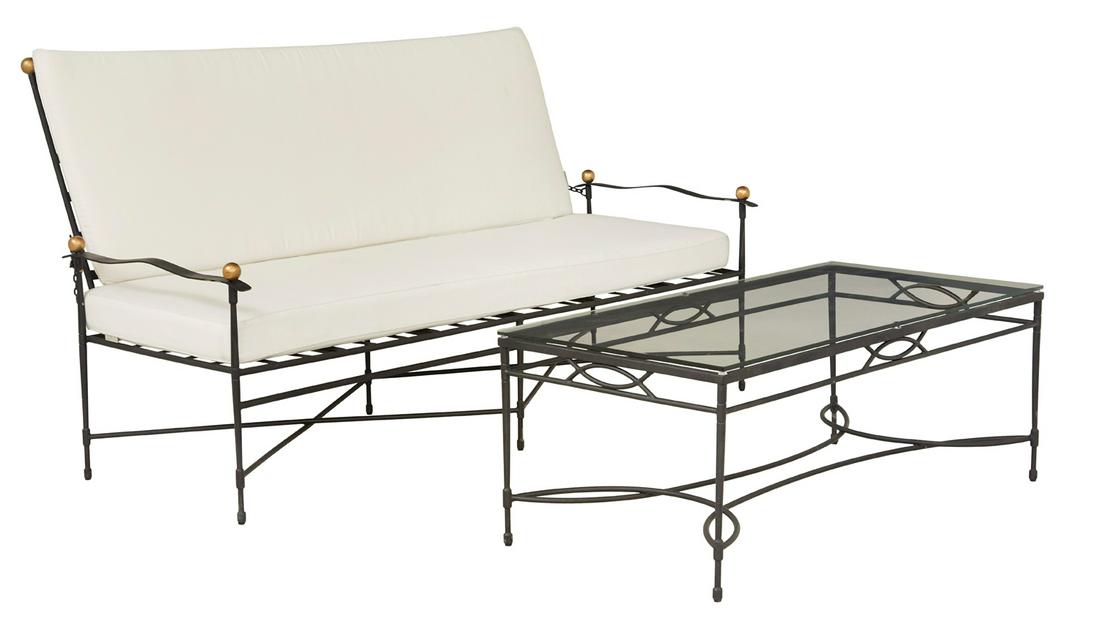 Janus et Cie "Amalfi" Pattern Patio Group: Two-Piece Janus et Cie "Amalfi" Pattern Patio Group contemporary, the frames labeled, comprised of a sofa and a cocktail table, based on a noted mid-century design by Mario Papperzini, executed in pai
