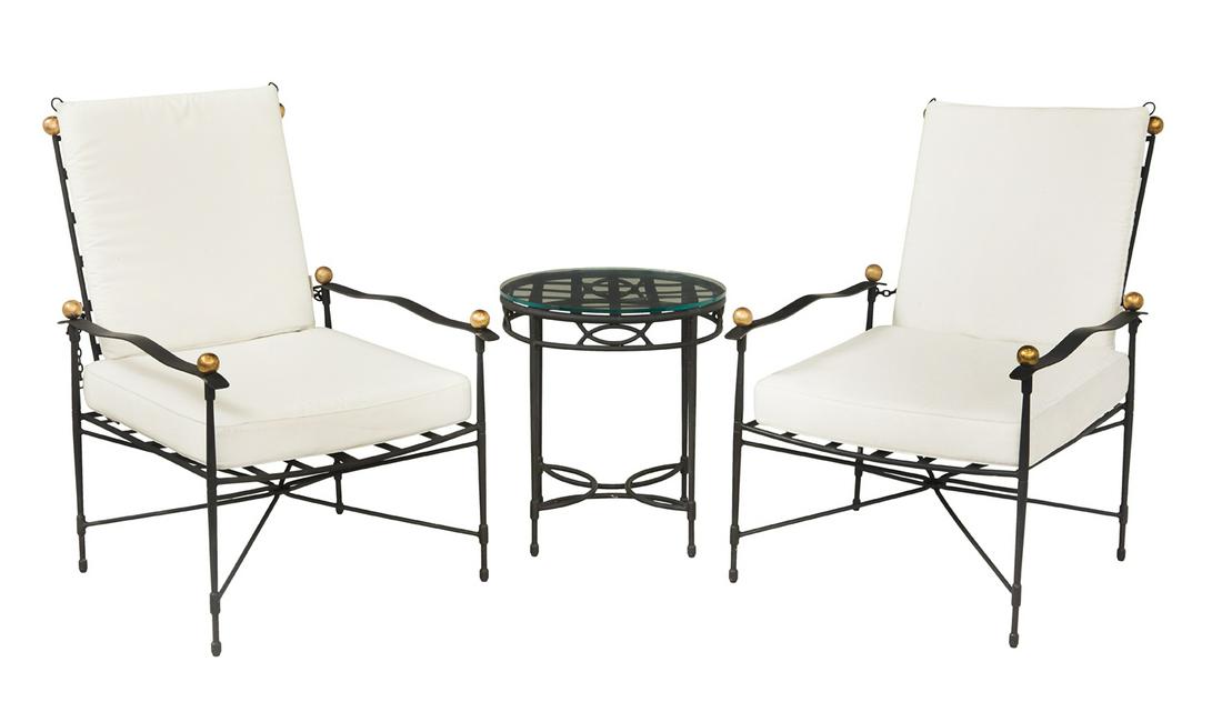 Janus et Cie "Amalfi" Pattern Seating Group: Three-Piece Janus et Cie "Amalfi" Pattern Seating Group comprised of a pair of lounge chairs and an occasional table, labeled, the chairs base on an iconic mid-century design by Mario Papperzini for S