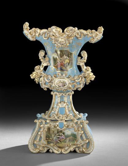 Impressive Jacob Petit-Style Garniture Vase: Impressive Jacob Petit-Style Garniture Vase, with rich gilt on a celeste blue ground decorating the serpentine body which rests on a raised base, the foot and neck trimmed in elaborate raised gilt scr