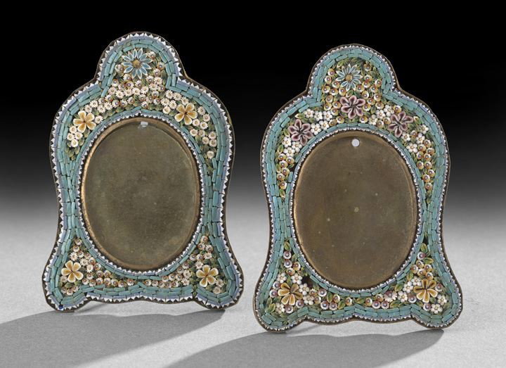 Pair of Continental Micro-Mosaic Picture Frames: Pair of Continental Micro-Mosaic Picture Frames, first quarter 20th century, the dome-top rounded frames ornamented with reserve panels of pink, white and blue flowers surrounded by bleu celeste borde