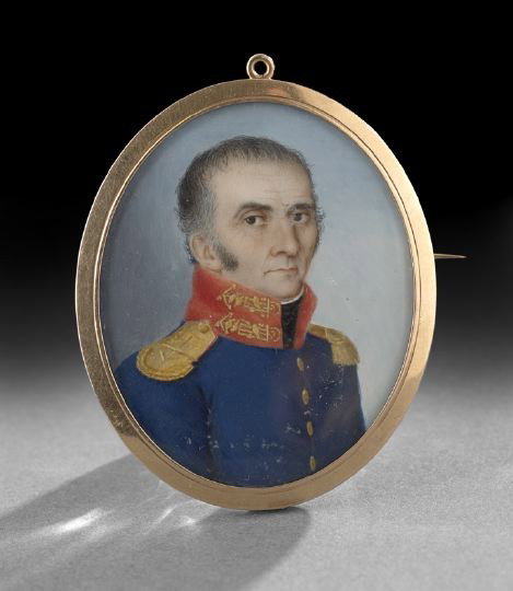 French School Locket Portrait Miniature: French School Locket Portrait Miniature, fourth quarter 18th century, of a gentleman in military uniform, the gold case backed with woven hair overlaid with initials "LCB" now mounted as a brooch, h. 
