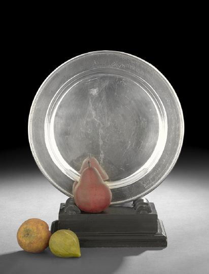 Georg Jensen Sterling Silver Platter: Georg Jensen Sterling Silver Platter, second quarter 20th century, Copenhagen, pattern number 210C, designed by Georg Jensen (1866-1935), with the 1915-1930 Jensen mark, of circular form with molded a