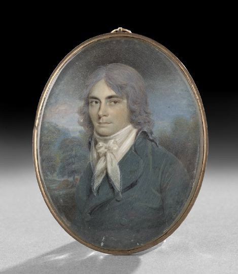 Miniature Portrait of an Unknown Gentleman: Good Miniature Portrait of an Unknown Gentleman, fourth quarter 18th century, attributed to Richard Crosse (1742-1810), depicted in a landscape and set in a gold locket frame with plaited hair, initia