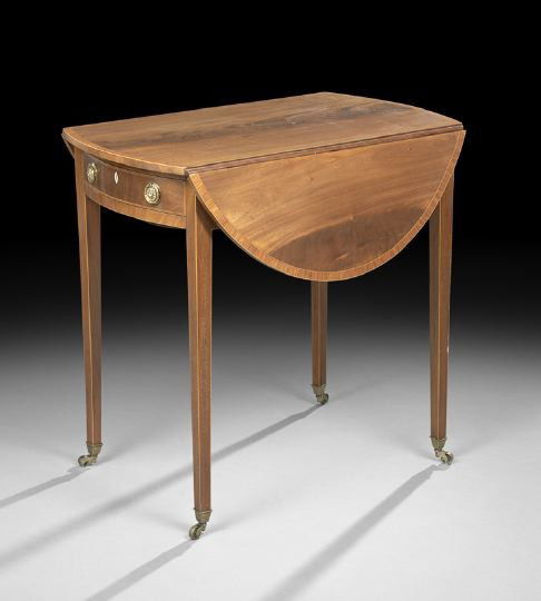George III-Style Mahogany Pembroke Table: George III-Style Mahogany Pembroke Table, late 19th century, the banded and rounded top with two like drop leaves, above a frieze fitted with a drawer to one end and a faux drawer to the other, raised