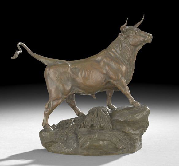 Auguste Nicolas Cain (French, 1822-1894): Auguste Nicolas Cain (French, 1822-1894), bronze figure of a bull on a rocky promontory strewn with wheat and leaves, cast by Suisse Freres EDITEURS DE PARIS, and marked by them, along with the markin