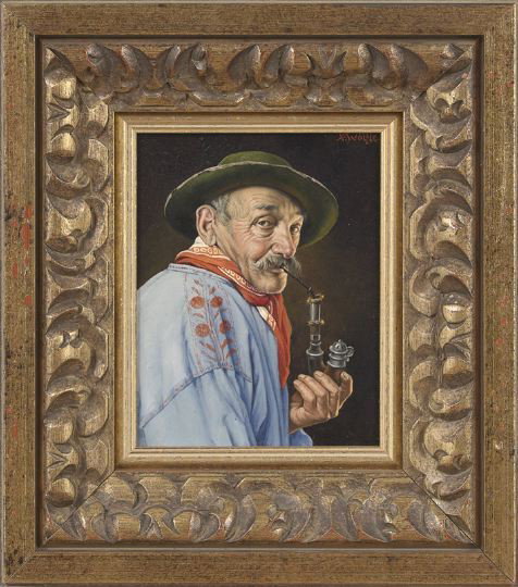 Franz Xavier Wolfe (German, 1887-1972): Franz Xavier Wolfe (German, 1887-1972) "Portraits of Three Bavarian Men", suite of three oils on panel, each signed upper right corner "F.X. Wolfe", 7" x 5". Each presented in attractive Baroque-style