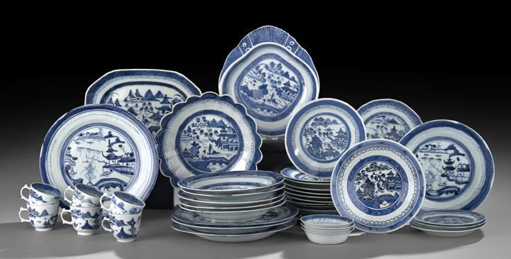 Large Group of Blue-and-White Canton Dinnerware: Large Group of Blue-and-White Canton Chinese Export Dinnerware, second-into-third quarter 19th century, comprised of a shell-shaped shrimp dish, w. 9-1/4", d. 10-1/4", a lobed fruit bowl, dia. 9-1/2",