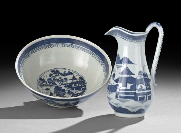 Blue-and-White Canton Wash Basin and Pitcher: Chinese Export Blue-and-White Canton Wash Basin and Pitcher, second quarter 19th century, in the "willow" pattern, basin h. 4", dia. 11", pitcher h. 9-1/2", dia. 4-1/2"