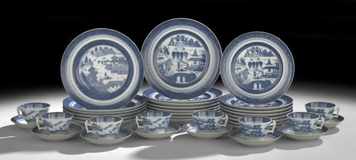 38 Piece Canton Dinner Service by Vista Alegre: Thirty-Eight Piece Partial Blue Canton Dinner Service by Vista Alegre, comprised of eight dinner plates, dia. 10", six deep soup plates, dia. 10", eight salad plates, dia. 8-3/4", eight cups and eight