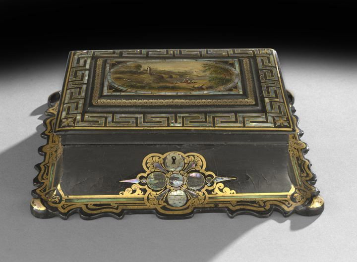 English Papier-Mache Jewel Box: English Papier-Mache Jewel Box, mid-19th century, a mother-of-pearl Greek-Key border around the lid surrounding the raised central portion with an oval landscape painting framed in mother-of-pearl, th