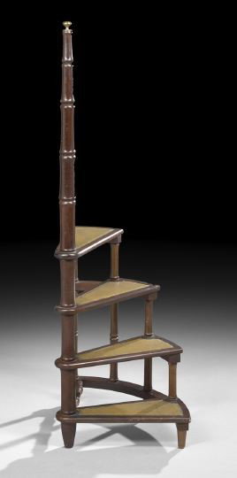 Victorian Mahogany Library Steps: Victorian Mahogany Library Steps, late 19th century, composed of four spiraling steps, each with an inset leather tread, supported by a turned and raised columnar standard, h. 59-1/2".