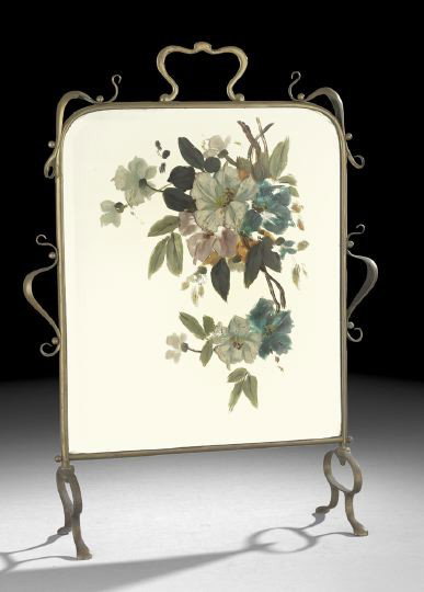 English Brass Firescreen: English Brass Firescreen, first quarter 19th century, inset with a beveled mirror plate and hand painted with flowers, the brass edges mounted with swirling patterns, with like decoration on the centr