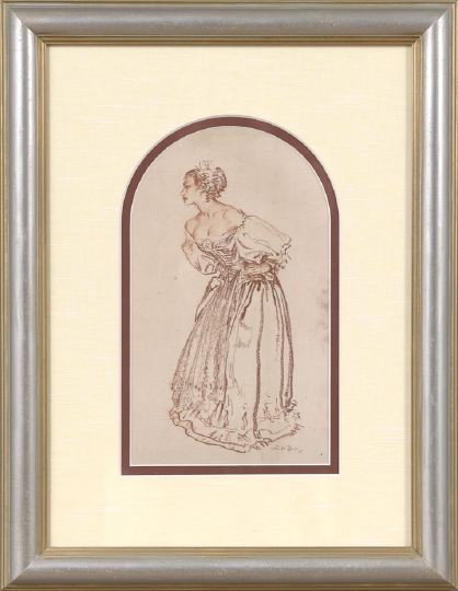 Sir William Russell Flint (British, 1880-1969): Sir William Russell Flint (British, 1880-1969) "Clarissa Modeling", red conte crayon on paper, signed lower right "W. Russell Flint", sight 10" x 5-1/2". Glazed, attractively linen matted and presente